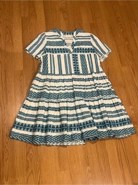 Teal Blue and White Geometric Tiered Mini Dress size M flowy